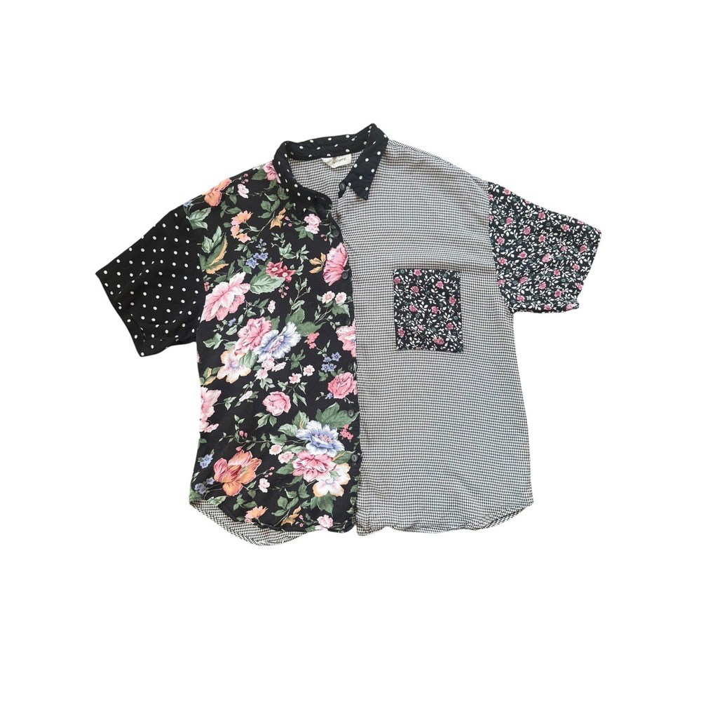 VTG Worthington Patchwork Floral Gingham Button Up Shirt Womens Mixed Print XLL
